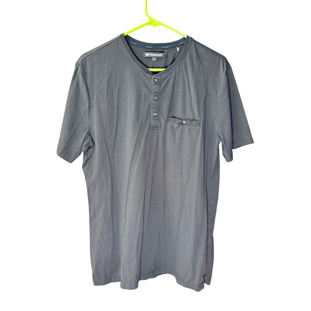 Buttercloth Henley Shirt Mens Medium Black Icy Cotton Short Sleeve Pocket